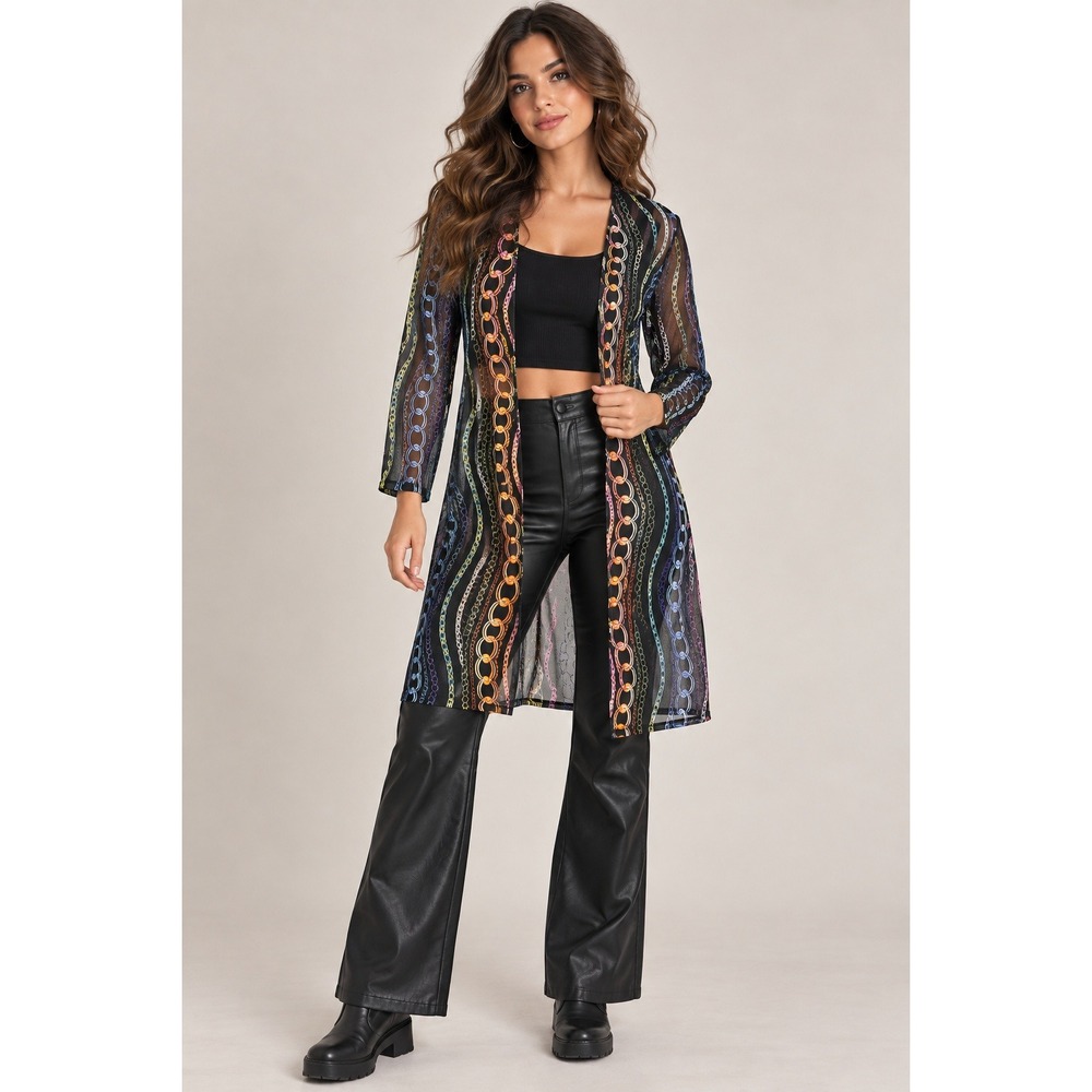 Y2K Rainbow Chain Mesh Duster Cardigan L Sheer Festival Statement Layer